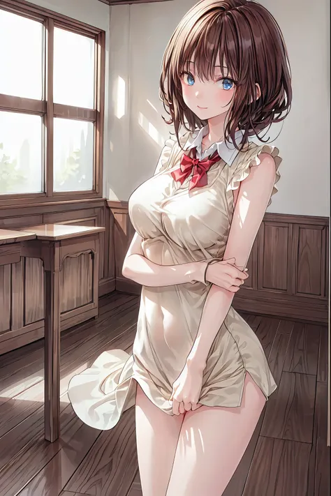  in a high school classroom，Female Teacher with Strict Abstinence,Female Teacher Standing in Front of a Pulpit，the student's back is an adult，Beautiful Legs Glancing at Students,black stockings，selfish body,Cold look,Testing Students' Abstinence,brown hair...