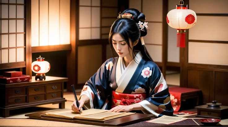 A beautiful Japanese goddess sitting at a low traditional wooden table in a classic Japanese - style room at night. The table is piled high with papers and documents . She is concentrating , frowning slightly between her eyebrows , carefully stamping the d...