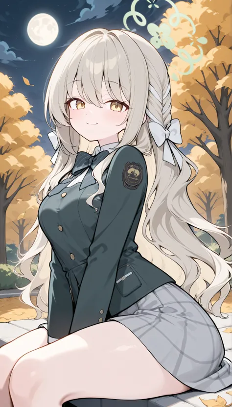 miyo (blue archive), platinumblonde hair, long hair, braid, hair ribbon, white ribbon, multicolored hair, yellow eyes, medium breasts, halo,　 solo, I can see my eyebrows from the inside of my hair, hair between eyes,　  masterpiece, Best Quality, very aesth...