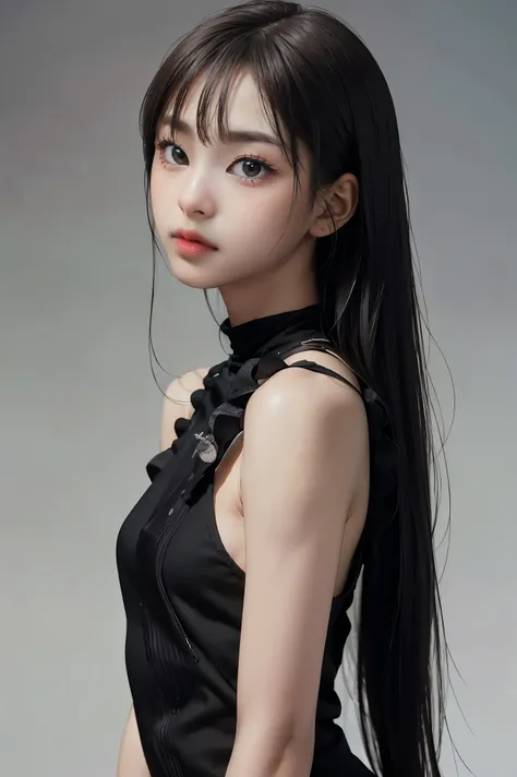 Best quality, masterpiece, ultra high res, (photorealistic:1.4), raw photo,1girl, solo, realistic, looking at viewer, upper body,simple gray background, black dress,