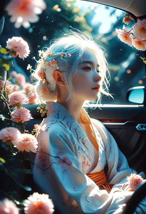 breathtaking Ethereal fantasy concept art of cinematic film still,Chinese Girl,A girl with white hair sitting in car filled withflowers,Artwork by Rinko Kawauchi,In a naturalistic pose,Holiday Dad Core,young and energetic,very cool expression,Body extensio...