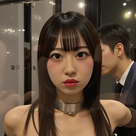 beautiful naked woman wearing a black collar in a glass case、price tag 、brighter lighting、Love Doll Showroom、Gentleman Appreciating Products、1 woman、thigh details、beautifully drawn face in every detail、Thin hollow eyes、detailed lips、graceful pose、dramatic ...