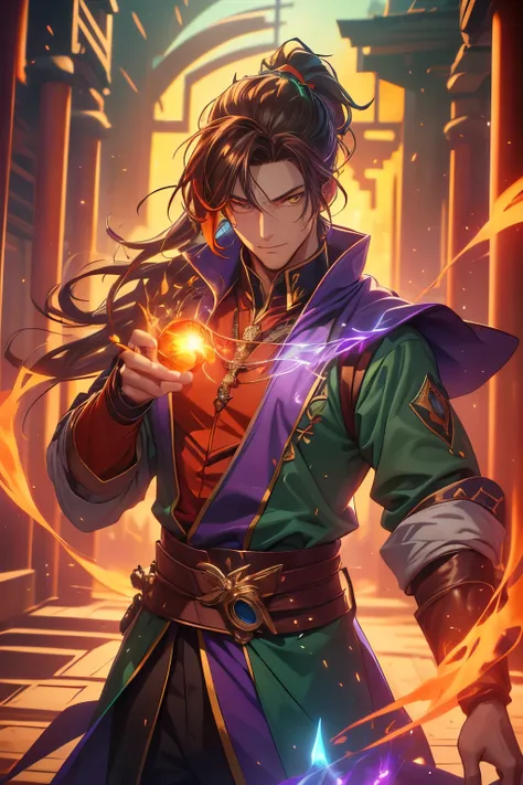 Gavin Guile ((long hair, roguish smile, short goatee, 30 years old)) is a muscular man with broad shoulders, yet still slender and in excellent physical condition. His hair is the color of burnished copper, medium, a striking reddish-brown hue, tied in a l...