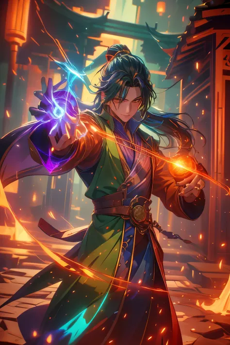 Gavin Guile ((long hair, roguish smile, short goatee, 30 years old)) is a muscular man with broad shoulders, yet still slender and in excellent physical condition. His hair is the color of burnished copper, medium, a striking reddish-brown hue, tied in a l...