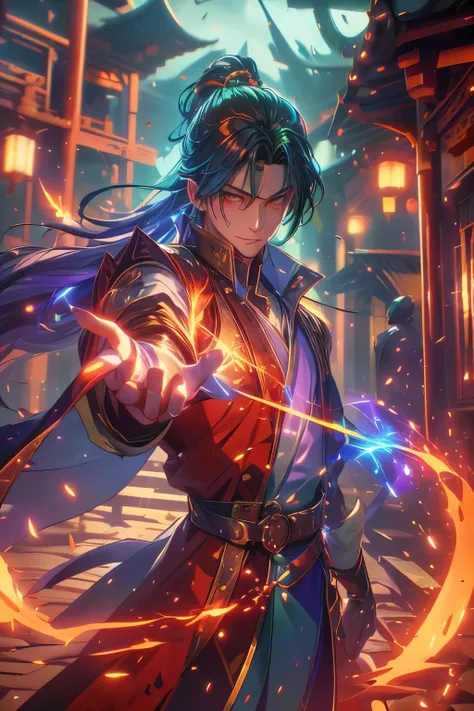 Gavin Guile ((long hair, roguish smile, short goatee, 30 years old)) is a muscular man with broad shoulders, yet still slender and in excellent physical condition. His hair is the color of burnished copper, medium, a striking reddish-brown hue, tied in a l...