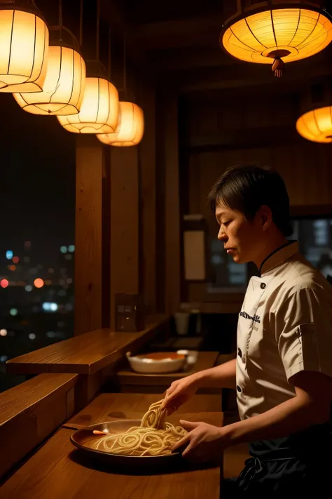 Late-night ramen shop, detailed interior scene, cozy atmosphere, warm lighting, steam rising from bowls, chef preparing noodles, customers sitting at bar, wooden countertops,japanese lanterns,red curtains,hanging scrolls,cityscape outside window,4K,masterp...