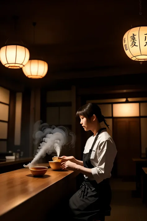 Late-night ramen shop, detailed interior scene, cozy atmosphere, warm lighting, steam rising from bowls, chef preparing noodles, customers sitting at bar, wooden countertops,japanese lanterns,red curtains,hanging scrolls,cityscape outside window,4K,masterp...