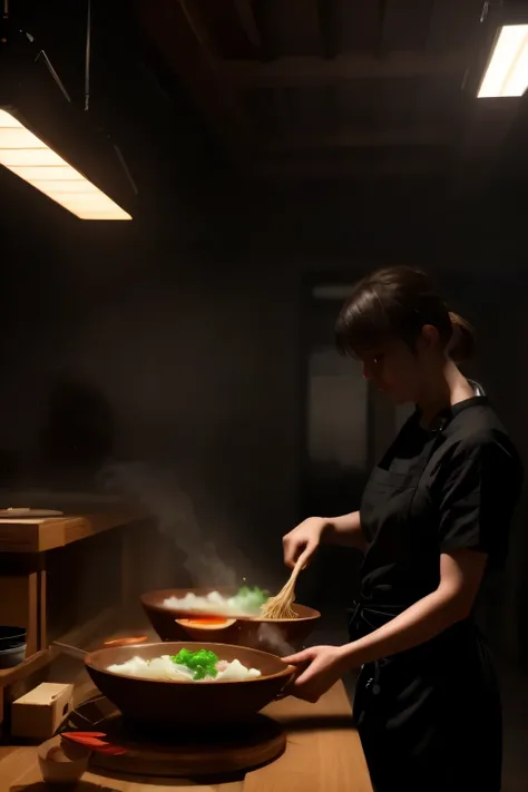 late night ramen shop, intimate atmosphere, dimly lit interior, wooden furniture, steam rising from hot bowls, slender noodles, tender pork, scallions, soft-boiled egg, steam-fogged windows, neon sign glowing, puddles on wet pavement, crowded counter, focu...