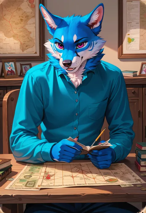 Sepia, furry, anthro, highres, super high resolution, 8k, photo, Anthropomorphic fox explorer, dressed in simple adventurer's clothes, carefully studying a large, worn parchment map spread on a wooden table. Focus on the map and paws. Sepia palette, vellum...