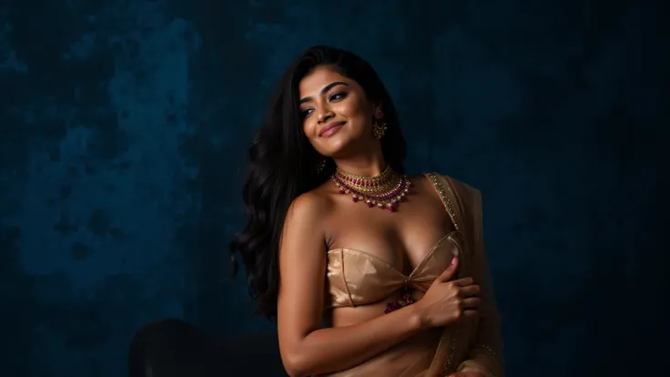 Photorealistic fashion portrait of a captivating Indian model with striking dark eyes and defined features, wearing a contemporary designer saree with modern blouse featuring tasteful sweetheart neckline revealing elegant cleavage, professional studio ligh...