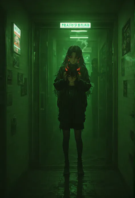 cinematic illustration, "Hell’s Convenience Store" at midnight, neon-lit street drenched in red and violet glow, toxic fog rising from the asphalt, glass door slightly open as the demon girl enters. She’s the original demon girl — slender, elegant, wearing...