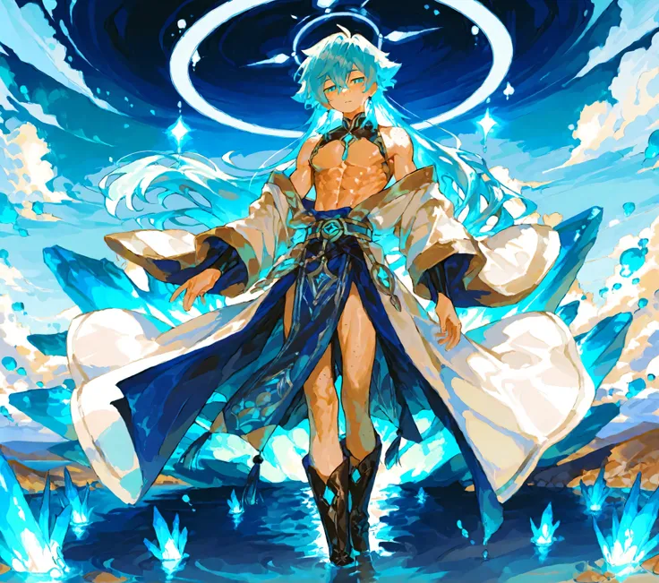 
1boy focus,  . young SKINNY  LEGS, boy toned  freckles 15 year old boy who is lean muscular body big manly chest , 
Korotaru has fluffy, cloud-like hair that softly glows in shades of white and baby blue, floating slightly as if moved by water currents. H...