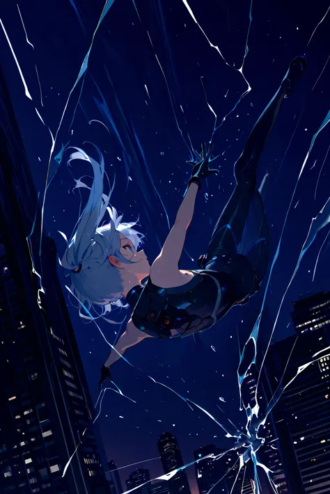 masterpiece, high resolution, an anime girl, cute face, detailed face, long white hair, blue eyes, from below, low angle, from side, profile, sky diving, upside-down, dynamic angle, dynamic action, ((falling down a skyscraper)), diving, wearing cybernetic ...