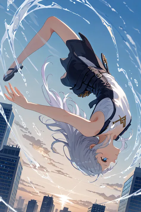 masterpiece, high resolution, an anime girl, cute face, detailed face, ((long white hair)), blue eyes, from below, low angle, from side, profile, sky diving, upside-down, dynamic angle, dynamic action, ((falling down a skyscraper)), diving, wearing cyberne...