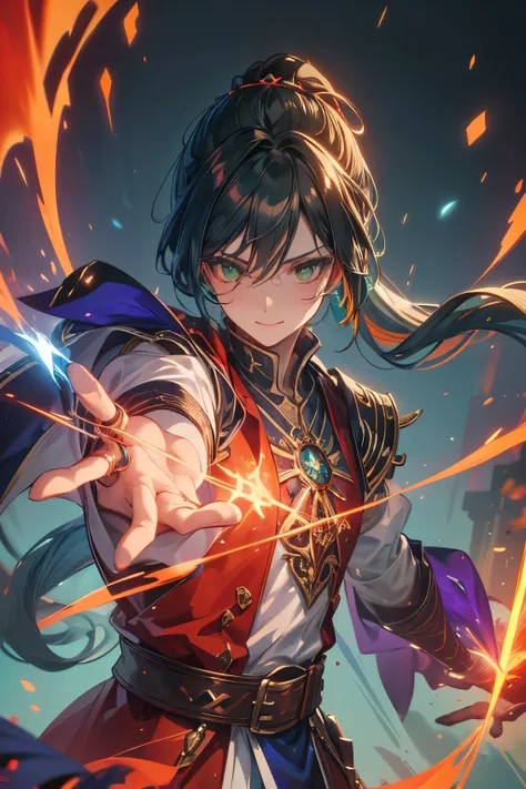 Gavin Guile ((long hair, roguish smile, short goatee, 30 years old)) is a muscular man with broad shoulders, yet still slender and in excellent physical condition. His hair is the color of burnished copper, medium, a striking reddish-brown hue, tied in a l...