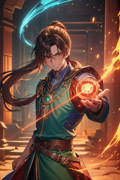 Gavin Guile ((long hair, roguish smile, short goatee, 30 years old)) is a muscular man with broad shoulders, yet still slender and in excellent physical condition. His hair is the color of burnished copper, medium, a striking reddish-brown hue, tied in a l...