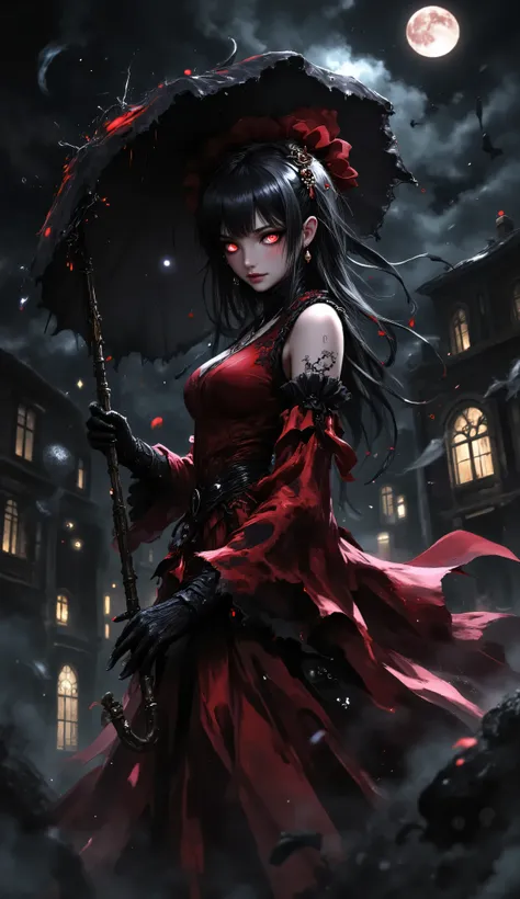 (masterpiece, best quality, highres, absurdres:1.3), 1girl, solo, (hakurei reimu, fashion, gothic:1.2), (dark persona, corruption), evil smile, gesugao, forehead mark,
(shiny clothes, latex:1.2), japanese clothes, red shirt, detached sleeves, ribbon-trimme...