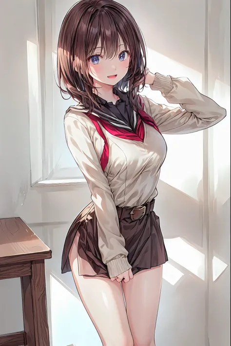 ONE WOMAN,solo,Open Mouth,dark haired,long hair,Slim,(white skin),long sleeves,Open Mouth,inappropriate smile，Smile Yan,Indoor,(black jacket,rolled up her sleeves),open jacket,white dress shirt,Silver Watch,black long pants,Brown Belt，(((The clothes are bl...