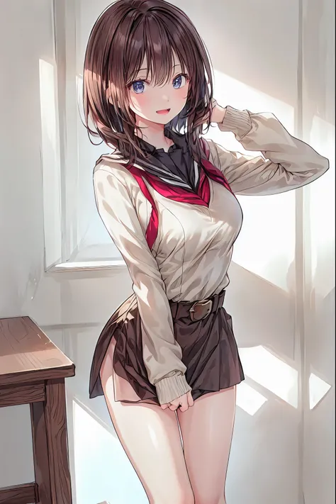 ONE WOMAN,solo,Open Mouth,dark haired,long hair,Slim,(white skin),long sleeves,Open Mouth,inappropriate smile，Smile Yan,Indoor,(black jacket,rolled up her sleeves),open jacket,white dress shirt,Silver Watch,black long pants,Brown Belt，(((The clothes are bl...