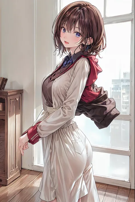 (((Book in hand:1.2)))，ONE WOMAN,solo,Open Mouth,dark haired,long hair,Slim,(white skin),long sleeves,Open Mouth,inappropriate smile，Smile Yan,Indoor,(black jacket,rolled up her sleeves),open jacket,white dress shirt,Silver Watch,black long pants,Brown Bel...