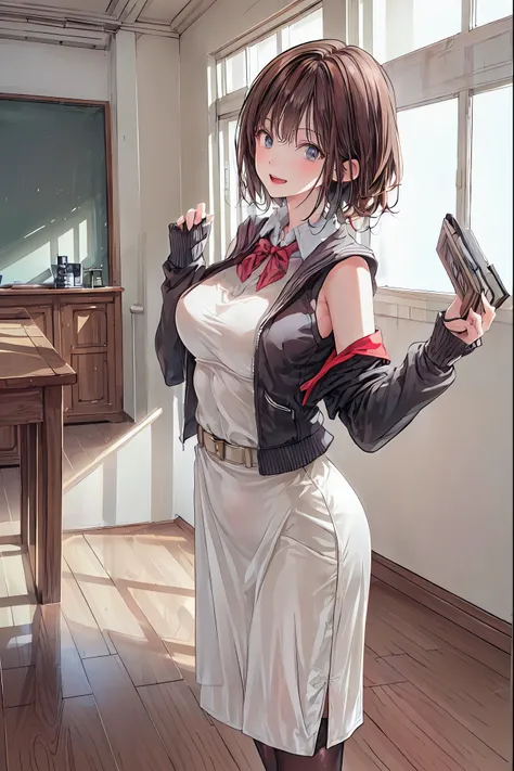 (((Book in hand:1.2)))，ONE WOMAN,solo,Open Mouth,dark haired,long hair,Slim,(white skin),long sleeves,Open Mouth,inappropriate smile，Smile Yan,Indoor,(black jacket,rolled up her sleeves),open jacket,white dress shirt,Silver Watch,black long pants,Brown Bel...