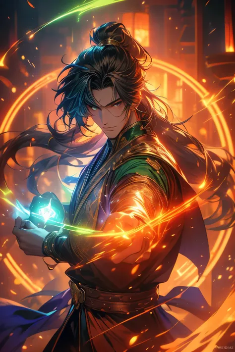 Gavin Guile ((long hair, roguish smile, short goatee, 30 years old)) is a muscular man with broad shoulders, yet still slender and in excellent physical condition. His hair is the color of burnished copper, medium, a striking reddish-brown hue, tied in a l...