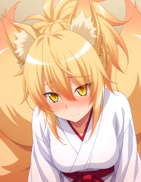 masterpiece, Highest Quality, Very Aesthetic,, Kunou-dxd, 1girl, YELLOW EYES, dark eyes, Blonde, ponytail, fox ears, foxtail, Multi Tail,, embarrassed expression。