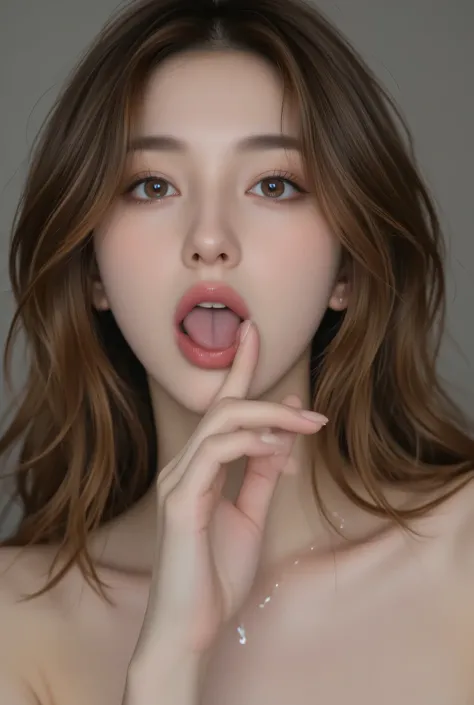 tilt your head back、Woman raising her chin, please open your mouth wide and stick out your tongue,Sexually aroused erotic expression, shot from above, bedroom, ultra high definition, Ultra High Definition, masterpiece, (White liquid is dripping from the mo...