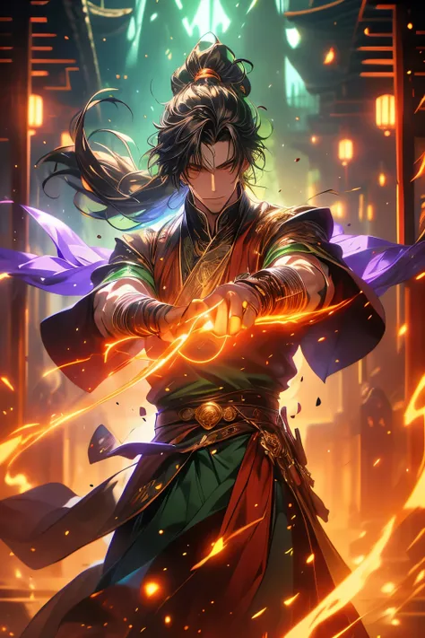 Gavin Guile ((long hair, roguish smile, short goatee, 30 years old)) is a muscular man with broad shoulders, yet still slender and in excellent physical condition. His hair is the color of burnished copper, medium, a striking reddish-brown hue, tied in a l...