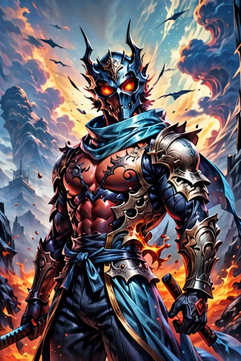 A formidable samurai stands poised against a dramatic backdrop, exuding strength and tenacity. His armor, gleaming under the muted light, consists of intricately sculpted metal plates that reflect hues of silver and blue, emphasizing the craftsmanship and ...