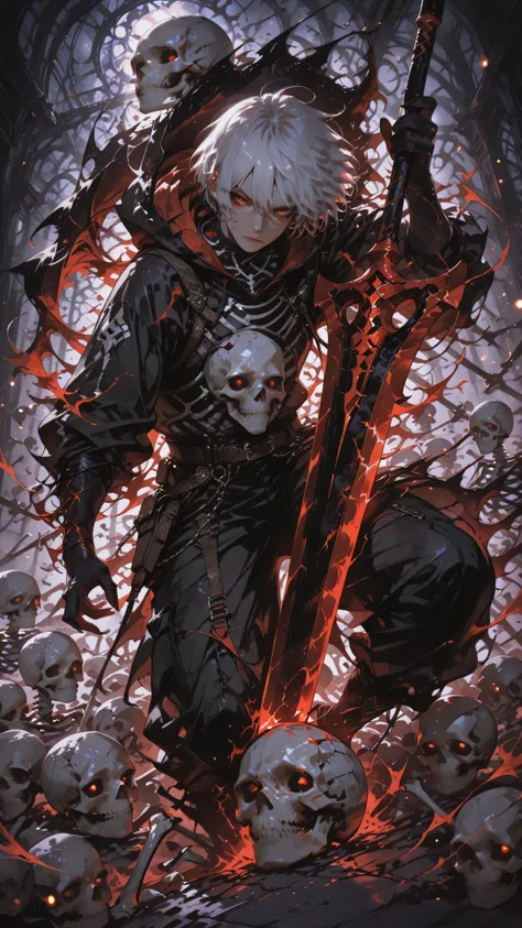Anime boy character. Close-up, close angle. white hair, amber eyes. Holding a colossal spear with two blades, one on each end,  Blood blade, bones, skull, dark. Anime illustration, extremely energetic aura, dynamic angle, dramatic perspective, masterpiece,...