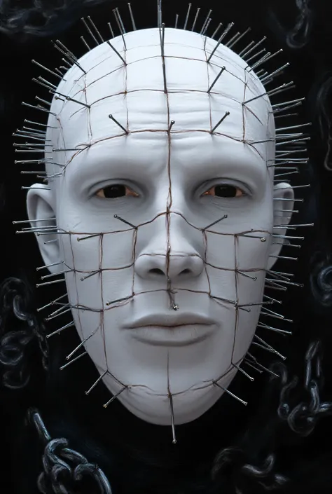 Close-up of Pinhead's face, each nail meticulously placed in a grid pattern across his ghostly white head, black eyes reflecting eternal suffering, leather straps cutting into flesh, background showing glimpses of the Labyrinth dimension, swirling darkness...