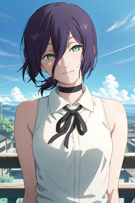 masterpiece, best quality, newest, very awa, masterpiece, best quality, absolutely absurdres, proportional body, proportional, beautiful hair, beautiful face, newest, anime screencap,reze, black choker, purple hair, choker, eyebrows hidden by hair, green ...