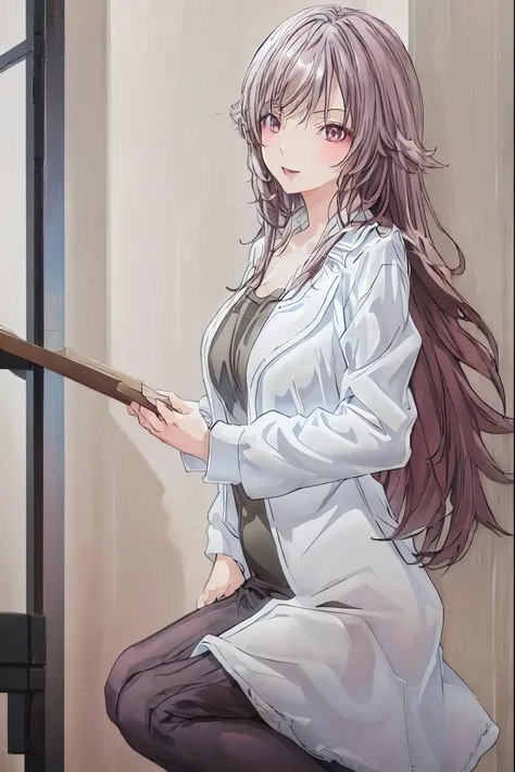 {Book in hand}，{背景にblackboard}，{black jacket}，black suit、mini skirt、pantyhose、high heels、perfect figure、very beautiful、日本のCollege teachers、 Female Teacherが生徒に囲まれている,ONE WOMAN,solo,Open Mouth,dark haired,long hair,Slim,(white skin),long sleeves,Open Mouth,i...