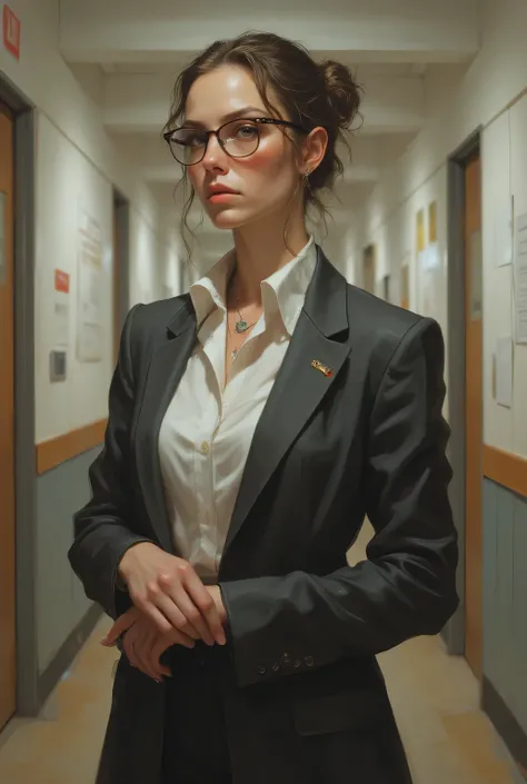 strict female teacher、she wears glasses, a clean white blouse, and a charcoal gray suit、She holds２I'm standing in the hallway with a bookmark by my side and looking back