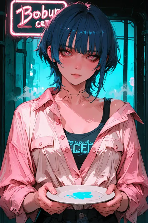 Beautiful girl with long, wavy hair, bohemian dress, holding a white plate with the text "I Love Seaart Infinity" e mostrando-a ao eA dark blue-haired woman with a wolf cut hairstyle, standing in a dimly lit retrofuturistic cyberpunk environment with Russi...