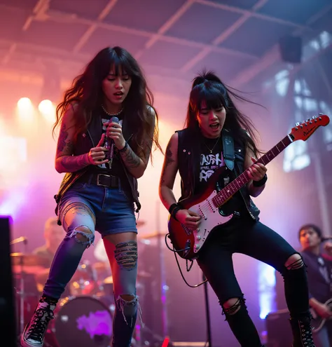 Japanese female punk band performing on stage at an outdoor festival、close-up、The vocals and guitarist jump、an enthusiastic audience