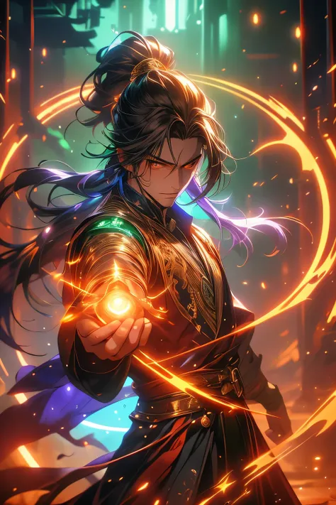 Gavin Guile ((long hair, roguish smile, short goatee, 30 years old)) is a muscular man with broad shoulders, yet still slender and in excellent physical condition. His hair is the color of burnished copper, medium, a striking reddish-brown hue, tied in a l...