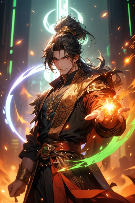 Gavin Guile ((long hair, roguish smile, short goatee, 30 years old)) is a muscular man with broad shoulders, yet still slender and in excellent physical condition. His hair is the color of burnished copper, medium, a striking reddish-brown hue, tied in a l...