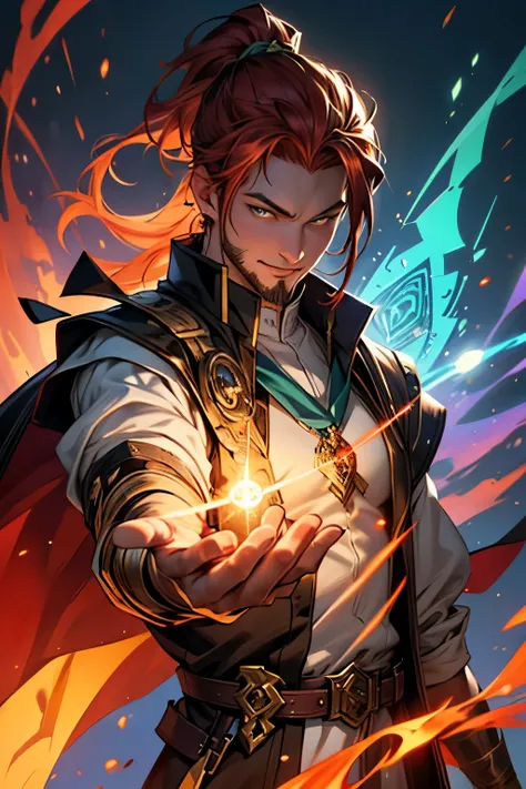 Gavin Guile ((long hair, roguish smile, short goatee, 30 years old)) is a muscular man with broad shoulders, yet still slender and in excellent physical condition. His hair is the color of burnished copper, medium, a striking reddish-brown hue, tied in a l...