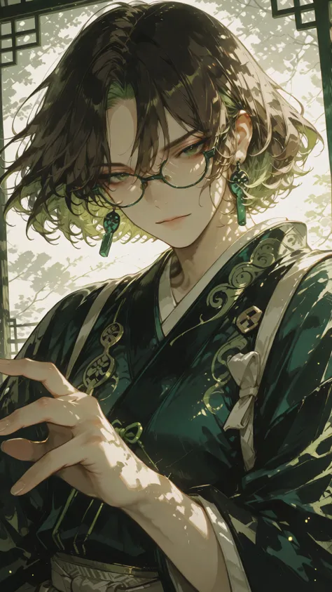 Anime boy character. Close-up, close angle. brown hair, wavy hair, green highlights, dark green eyes, green wooden frame glasses, jade earrings, serene expression. Wearing traditional Japanese clothes with white, green, beige colors. Anime illustration, ex...