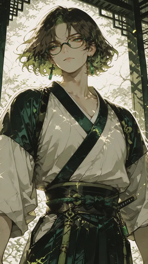 Anime boy character. Close-up, Close angle. Brown hair, wavy hair, green highlights, dark green eyes, green wooden frame glasses, jade earrings, serene expression, toned body. Wearing traditional Japanese clothes with white, green, beige colors. Temple env...