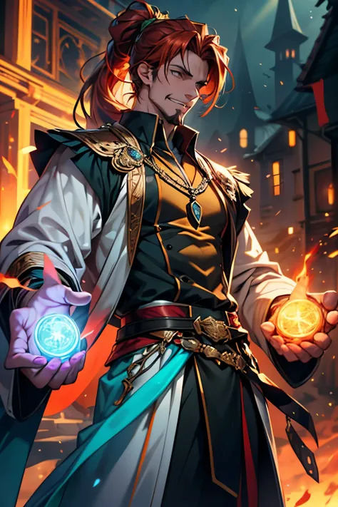 Gavin Guile ((long hair, roguish smile, short goatee, 30 years old)) is a muscular man with broad shoulders, yet still slender and in excellent physical condition. His hair is the color of burnished copper, medium, a striking reddish-brown hue, tied in a l...