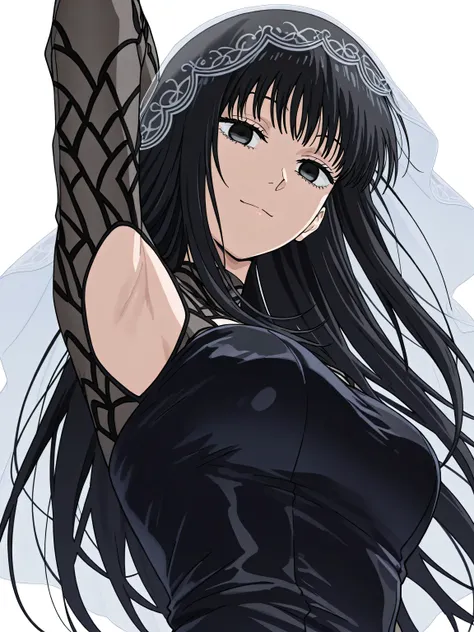 masterpiece, best quality, amazing quality, anime screencap, 1girl, solo, osaragi, osaragi (sakamoto days), black hair, long hair, black eyes, veil, black dress, arm behind head, armpit, head towards viewer, looking at viewer, (front light:1.1), from side,...