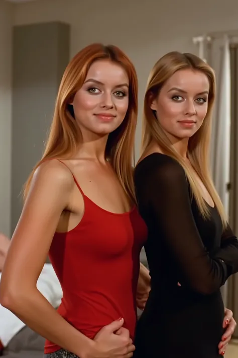 A photorealistic portrait of two young women in a stylish, modernen Raum. The first woman has long, straight red hair and wear a red tank top. She has fair skin, brown eyes and a soft smile, directed directly at the viewer. The second woman wears an elegan...