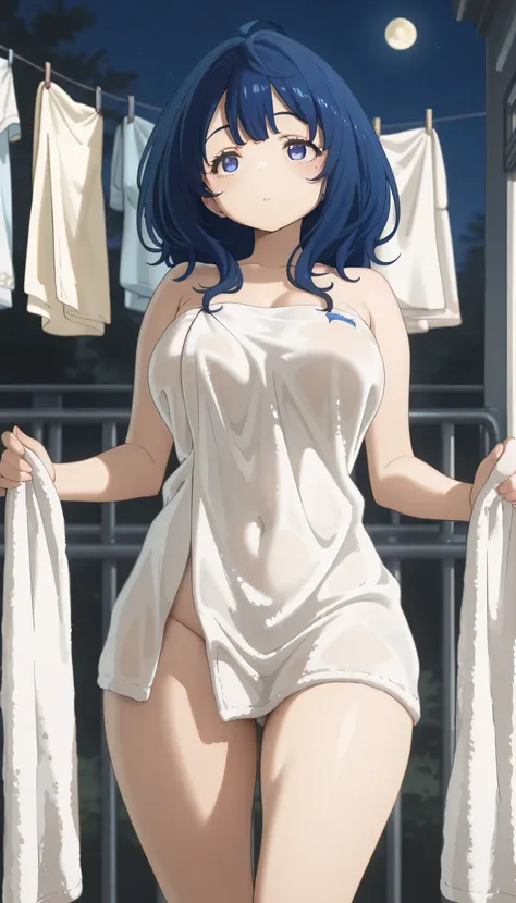 No panties、masterpiece, 8K quality, very detailed, , yanamianna、blue hair、amazing thighs、wearing a bath towel、、hang laundry、balcony、 moon、 clothesline