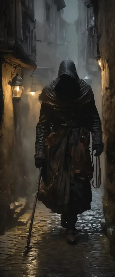 general plane , Dark and Mysterious Alley , stairs leading to a dark alley ,Gloomy, wet, darkness, Luz outfit, Evening, stone streets, anatomically correct medieval alley , medieval street vendors placed , rats crossing the street , rope...