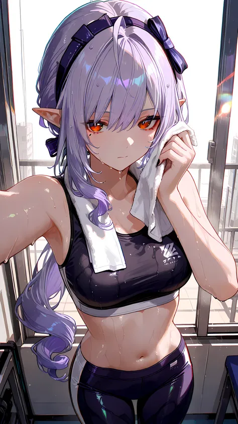 (masterpiece, detailed:1.2),748cmstyle,vivian (zenless zone zero), red eyes, mole, mole under eye, purple hair, very long hair, drill hair, ponytail, ahoge, pointy ears, two-tone hairband, black hairband, purple hairband, purple hair bow, black nails, fing...
