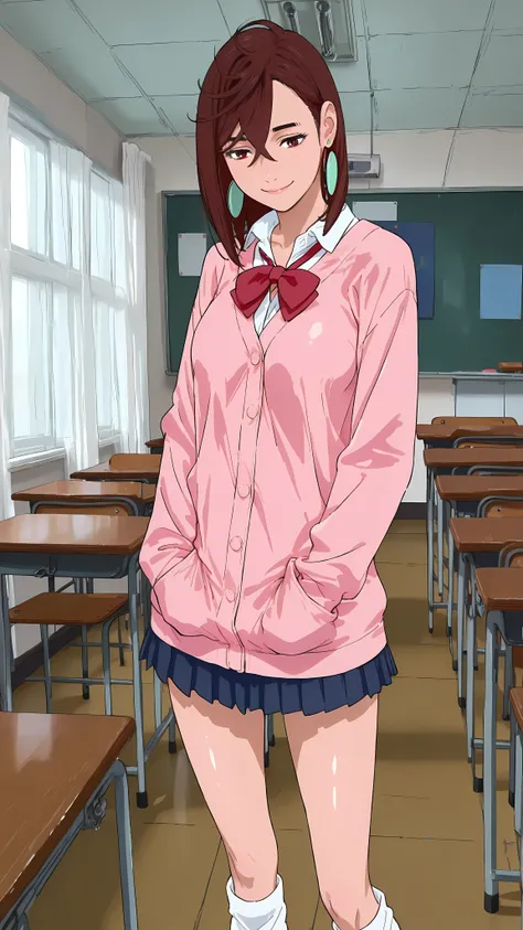 (masterpiece,best quality:1.2,amazing quality,very aesthetic, absurdres, newest), (anime coloring), official style,( Ayase Momo, Dandadan),1girl,solo,(skinny:1.2), medium breasts,medium hair,brown hair,brown eyes,smile,pink cardigan, long cardigan, long sl...