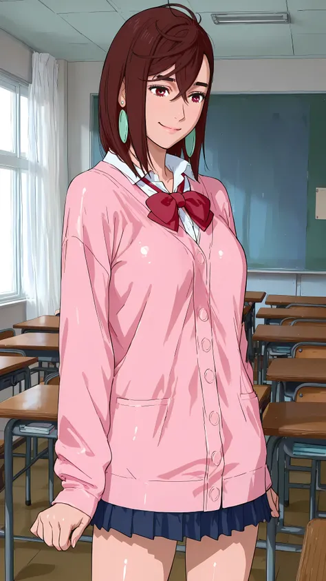 (masterpiece,best quality:1.2,amazing quality,very aesthetic, absurdres, newest), (anime coloring), official style,( Ayase Momo, Dandadan),1girl,solo,(skinny:1.2), medium breasts,medium hair,brown hair,brown eyes,smile,pink cardigan, long cardigan, long sl...